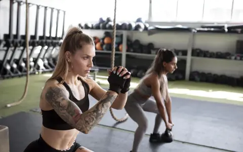 Dwie kobiety wykonują przysiady z kettlebellami. Intensywny trening funkcjonalny w siłowni.