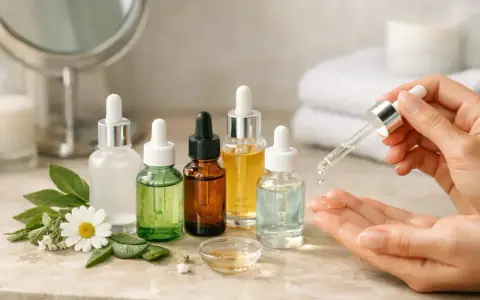 Des flacons de sérum pour visage, dont un est appliqué sur la main, illustrent à quoi sert le sérum pour visage : hydrater et nourrir la peau.