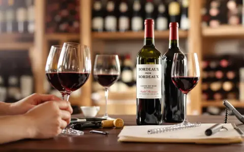 Dégustation de vins de la rive droite de Bordeaux, avec des verres remplis, des bouteilles et un carnet pour prendre des notes.