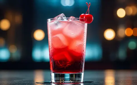 En röd drink med is och körsbär, som en brandbil som parkerat vid en bar.