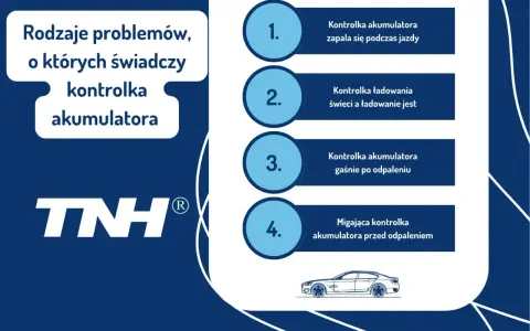 Rodzaje problemów, o których świadczy kontrolka akumulatora: zapala się podczas jazdy, świeci, gaśnie po odpaleniu, miga przed odpaleniem.