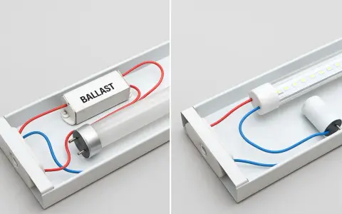 Comparaison : tube fluorescent avec ballast vs tube LED. Faut-il un starter pour un tube LED ? Non, le tube LED n'en a pas besoin.