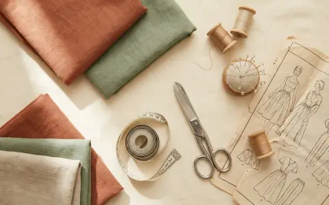 Syddesign med tyger i rost och grönt, trådrullar, nåldyna, måttband och mönster för en sy jacka.