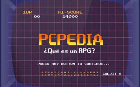 Pantalla de videojuego retro con el título "PCPEDIA" y la pregunta "¿Qué es un RPG?". Muestra puntuación, vidas y créditos.