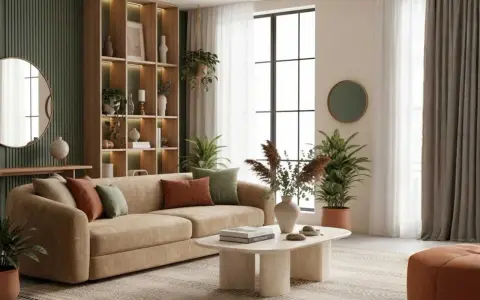 Sofá beige con cojines color terracota y verde, mesa de centro ovalada con libros y jarrones, y estanterías llenas de objetos decorativos, creando centros de mesa modernos.