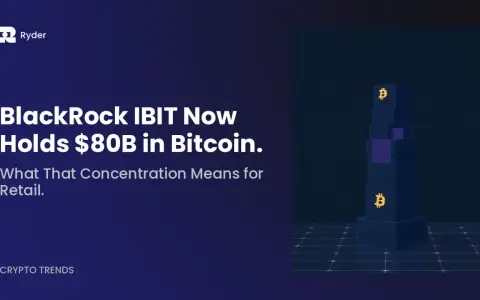 BlackRock IBIT trzyma 80 mld dolarów w Bitcoinie. Wieża z symbolami BTC symbolizuje ogromną inwestycję.