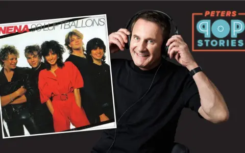 Nenas Albumcover "99 Luftballons" und ein Mann mit Kopfhörern.