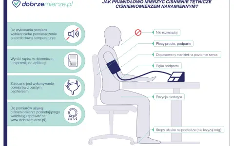 Instrukcja, na której ręce mierzyć ciśnienie: siedząc, z podpartymi plecami i ręką, stopy płasko na podłodze. Mankiet na poziomie serca.