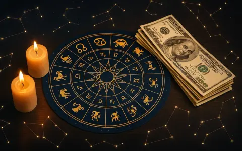 Zodiakalny krąg i banknoty dolarów sugerują horoskop finansowy dzienny. Dwie świece dodają tajemniczości.