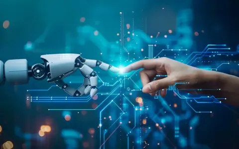 Dłoń człowieka i robotyczna ręka dotykają się na tle niebieskich obwodów.