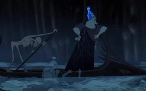 Hades, Herrscher der Unterwelt der griechischen Sage, steht auf einem Boot, während Charon rudert. Geister treiben im Wasser.
