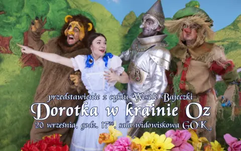 Dorotka z krainy Oz w towarzystwie Stracha na wróble, Blaszana postać i Lwa.