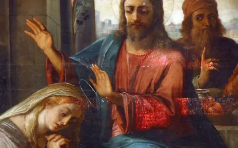 Jezus błogosławi Marię Magdalenę, która klęczy u jego stóp. W tle widać innych mężczyzn.