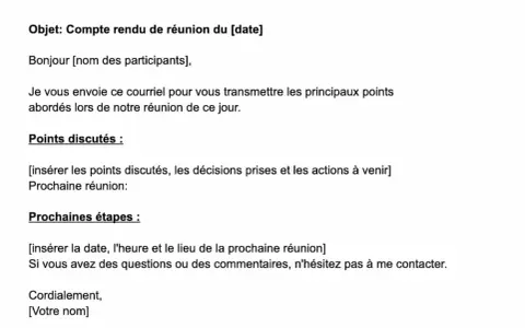 Un exemple de compte rendu synthétique de réunion, détaillant les points discutés, les décisions et les prochaines étapes.