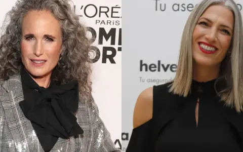 Dos mujeres con cabello canoso: una con rizos grises y traje a cuadros, la otra con cabello liso y vestido negro. Transición a las canas con mechas.