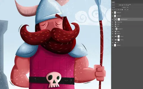 Ilustracja wikinga z brodą i czaszką na pasie, idealna do kursu ilustracji.