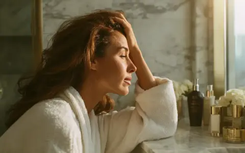 Femme en peignoir blanc, main sur la tête, le regard perdu. Elle semble ressentir de la fatigue et une perte de cheveux.