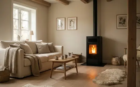 Estufa de pellets moderna y eficiente, ideal para calentar hasta 200 metros cuadrados, creando un ambiente acogedor.