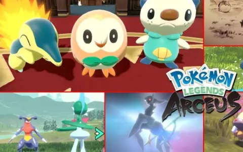 Cyndaquil, Rowlet y Oshawott, junto a Garchomp, Gallade y Arceus, en escenas de Pokémon Legends: Arceus, para una pokedex completa.