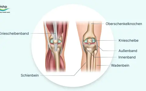 Anatomie des Knies: Oberschenkelknochen, Kniescheibe, Bänder und Schienbein. Hilfreich bei Knieschmerzen nach Joggen.
