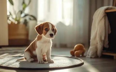 Un chiot adorable assis sur un tapis, se demandant à quel âge un chien est propre.