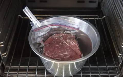 Vildsvinskött i vakuumpåse i en skål med vatten, redo för sous vide. Kontrollerar innertemp för perfekt resultat.