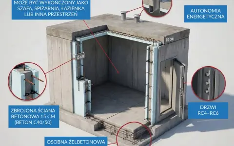 Schron przydomowy z żelbetonową ławą, zbrojonymi ścianami 15 cm, wentylacją i drzwiami RC4-RC6. W środku może być panic room.