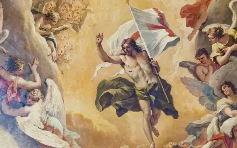 Zmartwychwstały Chrystus z chorągwią zwycięstwa, otoczony przez anioły. Obraz symbolizuje triumf nad śmiercią Jezusa.
