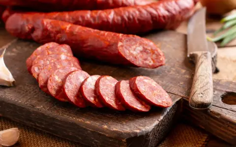 Salami auf einem Holzbrett, geschnitten und im Ganzen. Man kann Salami einfrieren, um sie länger haltbar zu machen. Knoblauch und Messer liegen daneben.