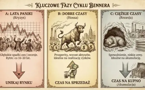 Ilustracja przedstawia kluczowe fazy cyklu Bennera: panikę (spadki, unikanie rynku), dobre czasy (hossa, sprzedaż) i ciężkie czasy (recesja, kupno).