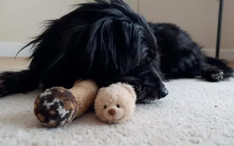 Un chien noir se repose sur un tapis, blotti contre ses jouets. Il semble réfléchir à en combien de temps un chien s'attache à son maître.