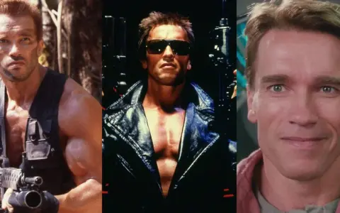 Arnold Schwarzenegger i tre ikoniska roller från sina filmer. Från djungeln med vapen till den tuffa Terminator.