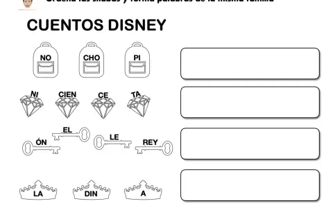 Actividad para desarrollar la conciencia léxica: ordena sílabas (mochilas, diamantes, llaves, coronas) para formar palabras de la familia Disney.