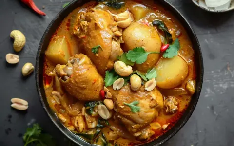 En skål med kyckling i krämig massaman curry, toppad med jordnötter och koriander. Ett läckert massaman curry recept.