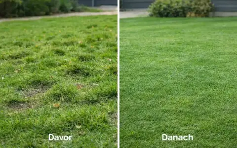 Vorher-Nachher-Vergleich eines Rasens, der mit Blaukorn behandelt wurde. Links der ungepflegte Rasen, rechts der dicht grüne, gesunde Rasen.