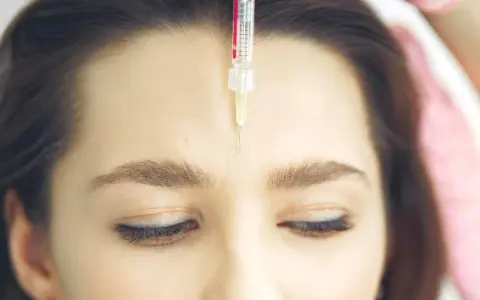 Una jeringa con aguja fina se acerca a la frente de una mujer, mostrando el procedimiento de **que es el botox** para suavizar arrugas.