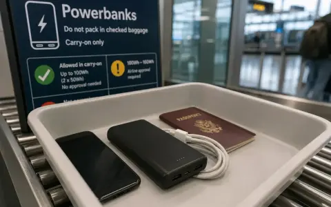 Na lotnisku, w tacce bezpieczeństwa leżą telefon, powerbank i paszport. Tablica informuje o limicie mocy powerbanków w bagażu podręcznym, np. dla Ryanair.