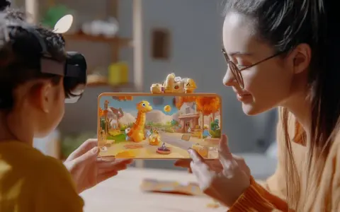 Pokolenie Alfa odkrywa wirtualny świat. Dziecko w goglach VR i mama patrzą na tablet z bajkową grą.