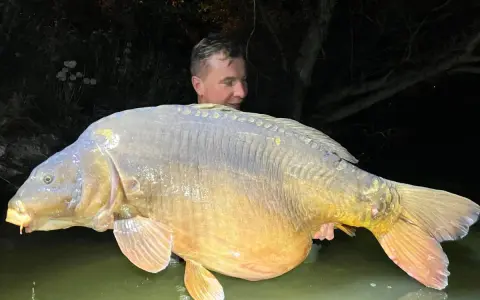 Ogromny karp, prawdopodobnie rekord Polski, w rękach wędkarza w wodzie.