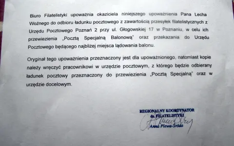 Upoważnienie pocztą dla Pana Lecha Woźnego do odbioru przesyłki filatelistycznej z Urzędu Pocztowego Poznań 2. Oryginał dla upoważnionego, kopie dla urzędów.
