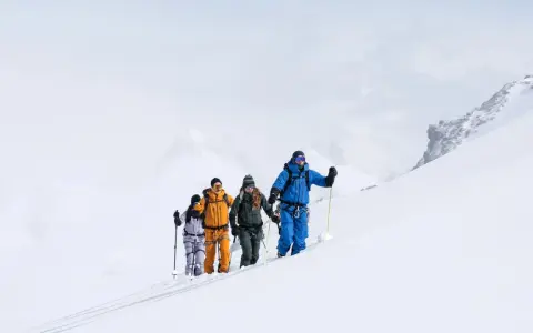 Cztery osoby w zimowym sprzęcie wspina się po ośnieżonym stoku. Skialpinizm igrzyska to ich cel.