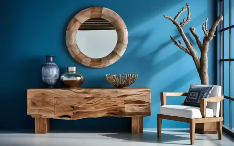 Console en bois brut, miroir rond, vases et fauteuil blanc. Une branche d'arbre sec ajoute une touche naturelle, une belle idée bois flotté.