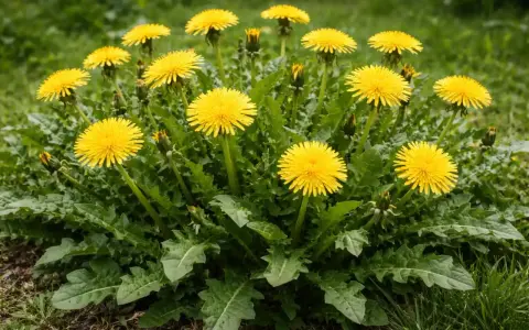 Un gruppo di fiori gialli di tarassaco, con foglie verdi frastagliate. Presto diventeranno soffici semi pronti a volare.