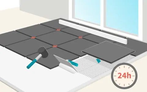 Illustration montrant par où commencer la pose d'un carrelage au sol. Outils et carreaux sont présents, avec une indication de 24h de séchage.