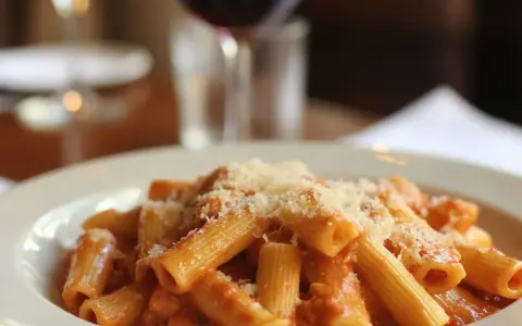 En tallrik rigatoni med krämig tomatsås och parmesanost, perfekt till ett glas vin eller en vodkapasta.
