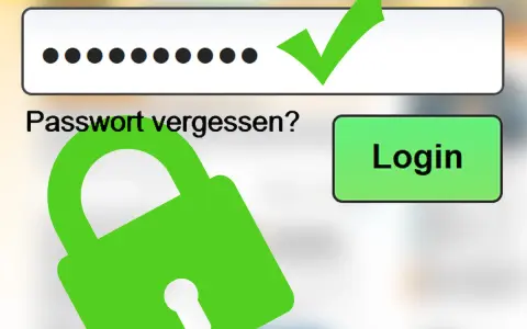 Login-Feld mit Punkten, Häkchen und Schloss-Symbol. "Passwort vergessen?" und "Login"-Button.