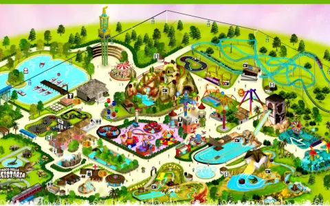 Isometric map of Etnaland theme park, showing rides, attractions, and themed areas like Prehistoria.