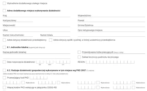 Formularz do wpisania danych o dodatkowym miejscu wykonywania działalności gospodarczej, w tym adres i kody PKD.
