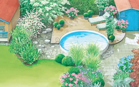 Traumhafte pool garten gestaltungsideen: Ein runder Pool auf Holzdeck, Liegestühle, blühende Sträucher und ein gepflegter Rasen laden zum Entspannen ein.