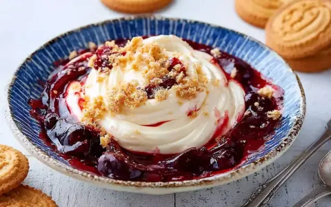 Ein edler Nachtisch: Cremiges Dessert mit Kirschkompott und Keksbröseln in einer blauen Schale, daneben Butterkekse.